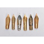 SIX FOUNTAIN PEN NIBS, five stamped 14ct, one stamped 14kt, approximate gross weight 1.7 grams (