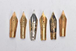 SIX FOUNTAIN PEN NIBS, five stamped 14ct, one stamped 14kt, approximate gross weight 1.7 grams (