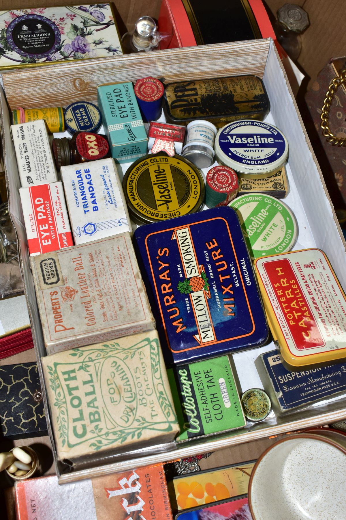A BOX OF ADVERTISING BOXES AND TINS ETC, to include OXO, Vaseline, Collotape, Nivea, first aid, - Image 2 of 6