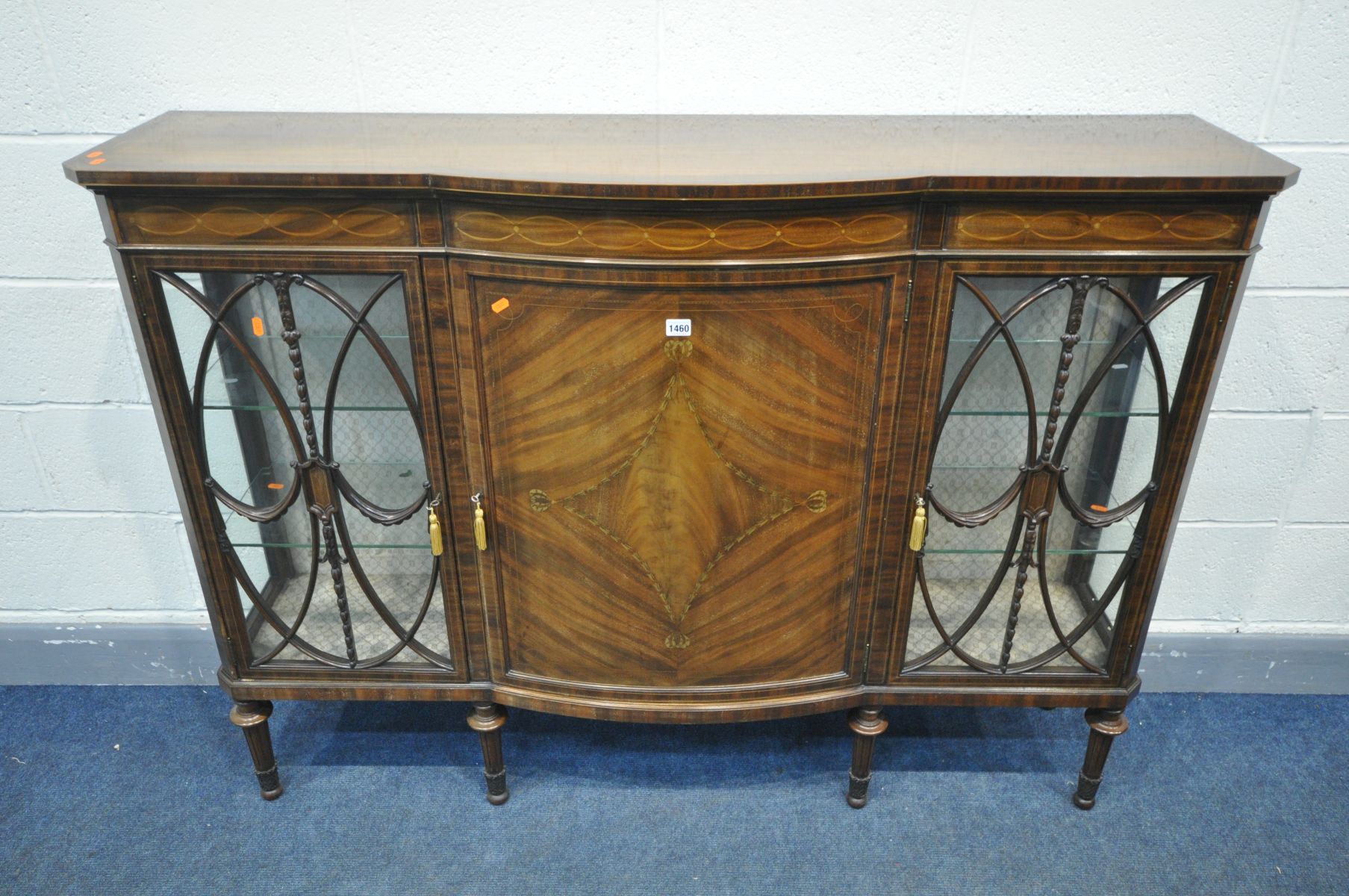 AN EDWARDIAN MAHOGANY AND MARQUETRY INLAID DISPLAY CABINET, with double astragal glazed doors