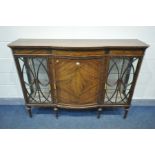 AN EDWARDIAN MAHOGANY AND MARQUETRY INLAID DISPLAY CABINET, with double astragal glazed doors