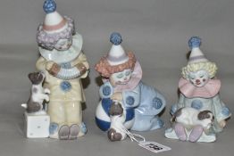 THREE LLADRO CLOWN FIGURINES, comprising Pierrot With Puppy 5277, Pierrot With Puppy & Ball 5278,