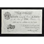 A BANK OF ENGLAND K O PEPPIATT WHITE FIVE POUNDS B169 15th January 1938 (Slight Tear)