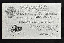 A BANK OF ENGLAND K O PEPPIATT WHITE FIVE POUNDS B169 15th January 1938 (Slight Tear)