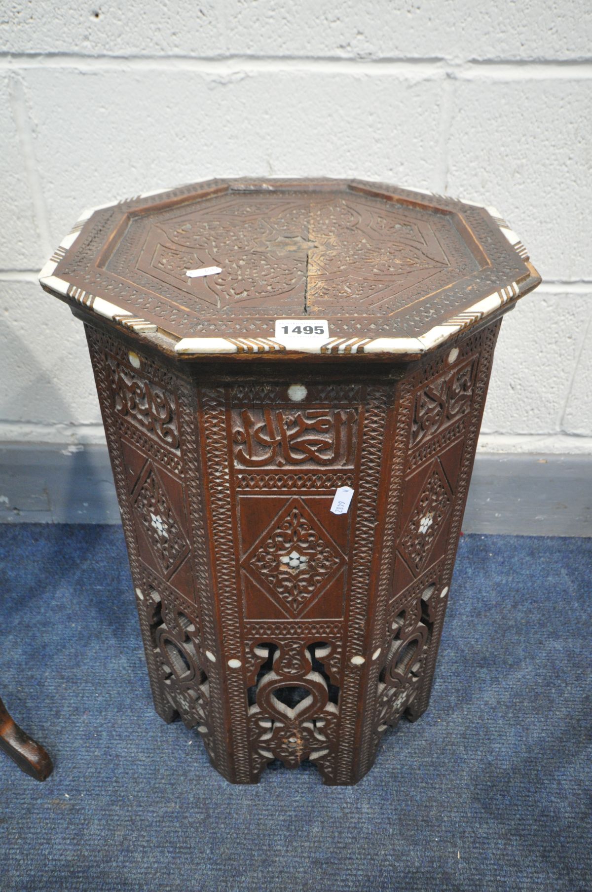 A MOORISH OCTAGONAL OCCASIONAL TABLE, diameter 36cm x height 53cm (condition:-historical crack to - Image 2 of 5