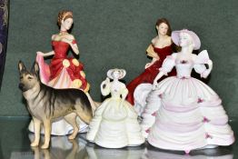 TWO ROYAL DOULTON LADIES, TWO COALPORT LADIES AND A BESWICK ALSATIAN, comprising two Royal Doulton