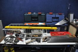 TWO PLASTIC TOOLBOXES AND TWO TRAYS CONTAINING HANDTOOLS including, drifts, saws from Distons and