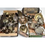 TWO BOXES OF ASSORTED WHITE METAL WARE, to include a four-piece silver-plated tea set comprising
