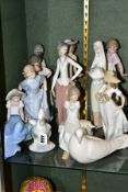 TWELVE NAO PORCELAIN FIGURES OF GIRLS AND BIRDS, EIGHT WITH DAMAGE, the figures in good condition