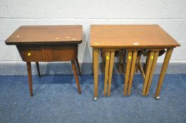 POSSIBLY POUL HUNDEVAD NESTING TABLES, with three fold circular tables, and a 1930's sewing box,