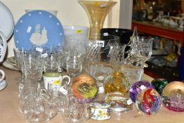 A QUANTITY OF GLASSWARE AND CERAMICS, including three Selkirk Glass paperweights 'Festival 2000', '