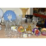 A QUANTITY OF GLASSWARE AND CERAMICS, including three Selkirk Glass paperweights 'Festival 2000', '