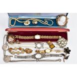 A BAG OF ASSORTED JEWELLERY, to include a lady's silver marcasite quartz wristwatch, oval white