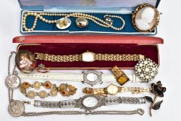 A BAG OF ASSORTED JEWELLERY, to include a lady's silver marcasite quartz wristwatch, oval white