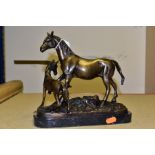 A BRONZE SCULPTURE OF A HORSE AND FOAL, on a marble base, unsigned, height 23cm, width 24cm, depth