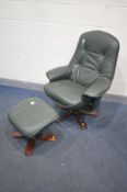 A GREEN LEATHER RECLINING SWIVEL ARMCHAIR, and matching footstool (2)