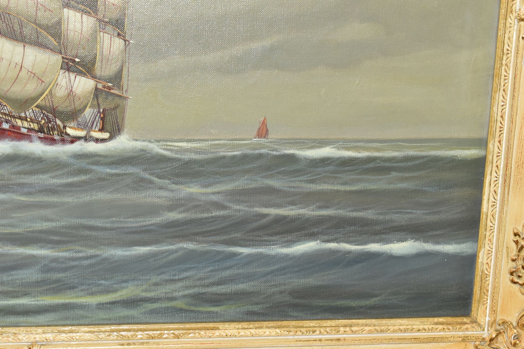 O MELZER (20TH CENTURY), A THREE MAST SQUARE RIGGED SHIP IN FULL SAIL, signed bottom left, oil on - Image 10 of 11