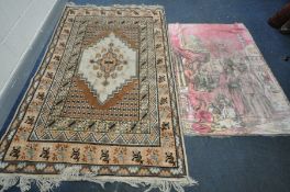 A BROWN WOOLLEN RUG, 240cm x 153cm, and a pink Arabic scene tapestry, 165cm x 112cm (2)