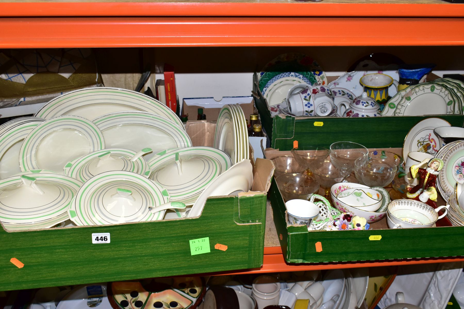 FIVE BOXES OF ART DECO DINNER SERVICE, CERAMICS, GLASS, METALWARES, MINIATURE BOTTLES AND SUNDRY
