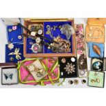 A BOX OF ASSORTED ITEMS, to include a wooden jewellery box with contents of costume jewellery,