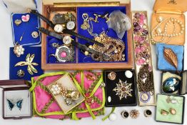 A BOX OF ASSORTED ITEMS, to include a wooden jewellery box with contents of costume jewellery,
