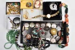 A BOX OF ASSORTED ITEMS, to include a semi-precious tumble stone necklace, a nephrite bamboo brooch,