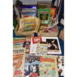 FOUR BOXES OF BOOKS, COMICS AND RECORDS, to include over forty 1970s and 1980s annuals, Blue