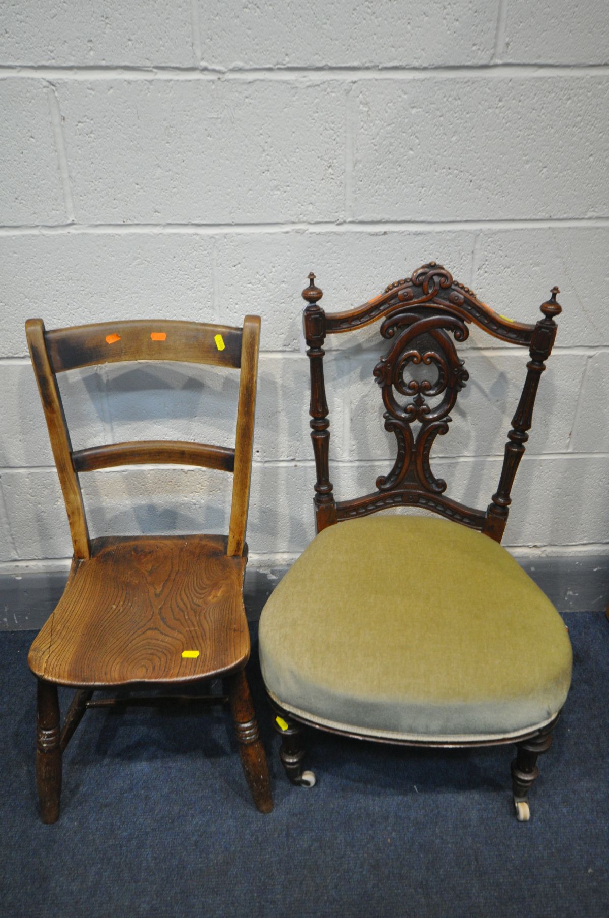 A LATE 19TH CENTURY WALNUT NURSING CHAIR, and 19th century and later bar back chair (2)