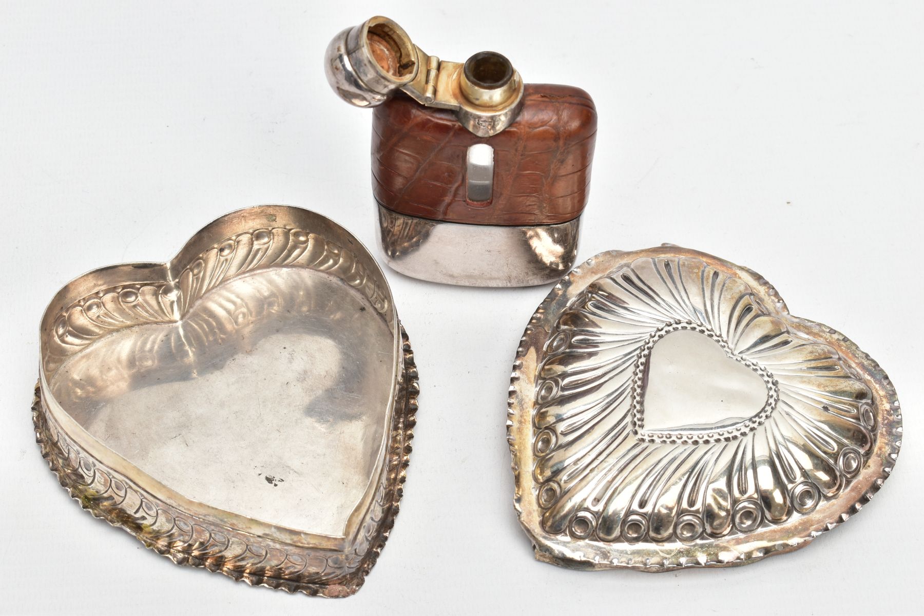 A SILVER TRINKET AND A HIPFLASK, a late Victorian embossed heart shaped trinket, with a vacant heart - Image 3 of 5