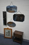 AN OAK SEWING TROLLEY, with a single drawer, along with an oak fire screen, and four wall mirrors (