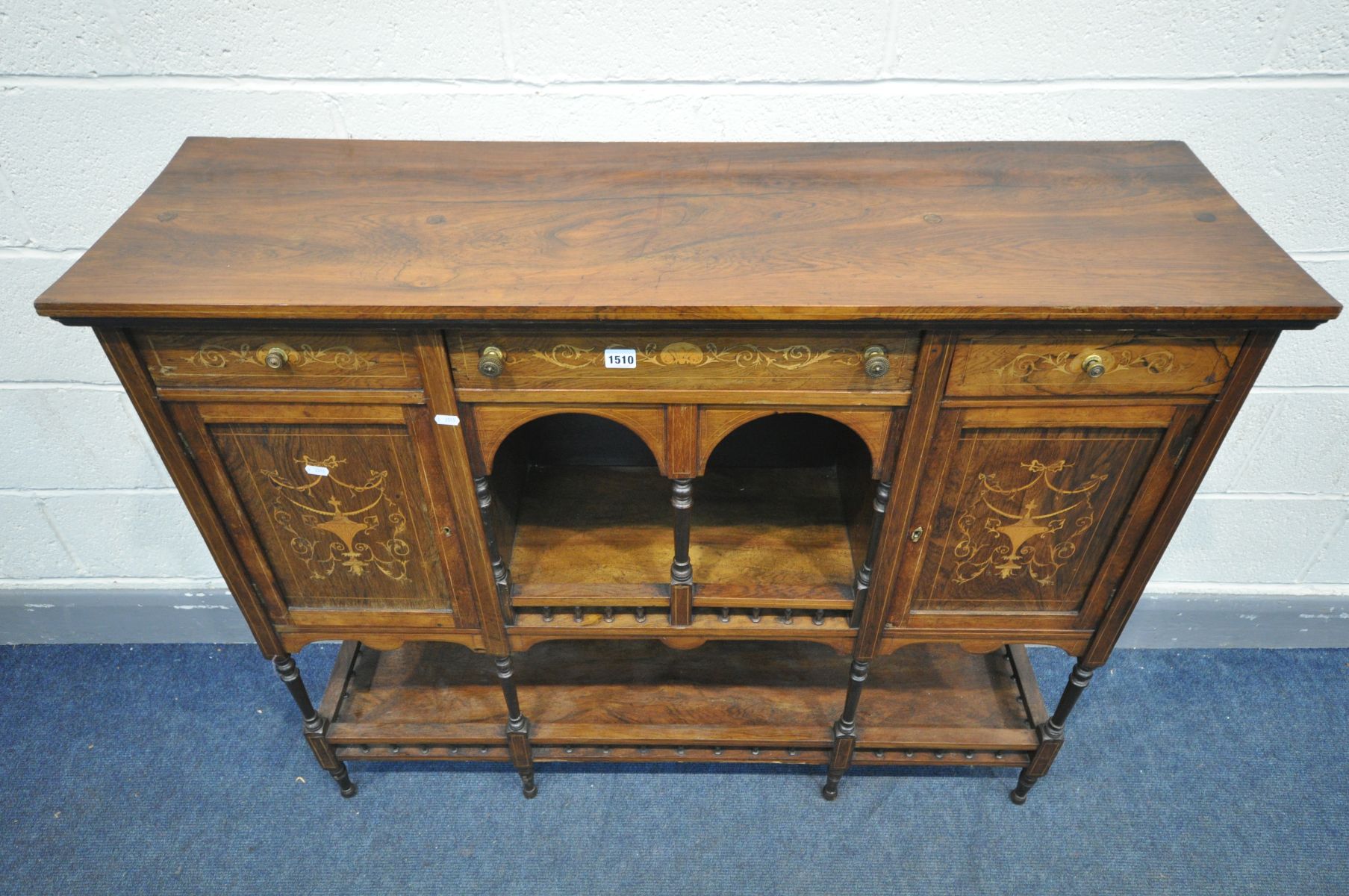 A 19TH CENTURY ROSEWOOD AND MARQUETRY INLAID SIDEBOARD, with an arrangement of drawers and - Image 2 of 3