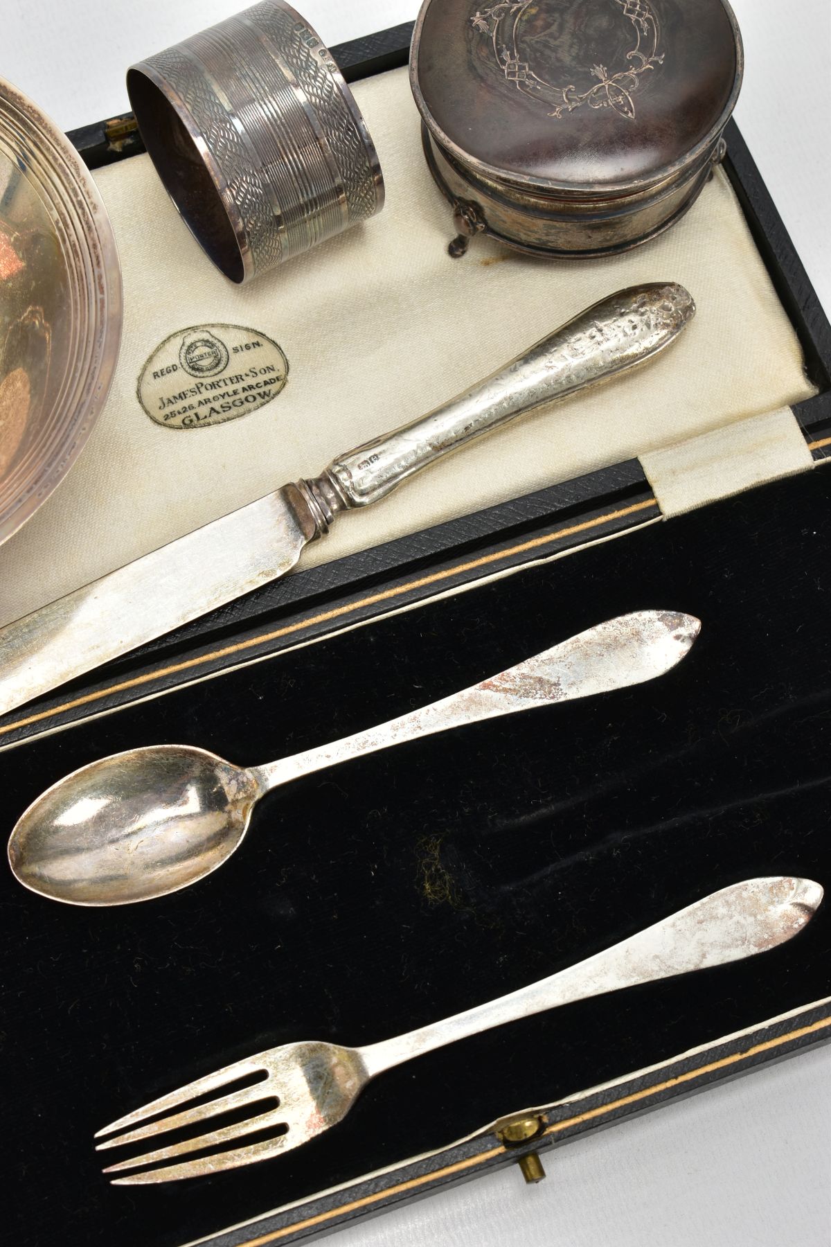 A BOX OF ASSORTED SILVER ITEMS, to include a signed box 'James Porter & Son' incomplete silver - Image 2 of 6