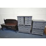 A GREY PAINTED STAG MINSTREL RANGE BEDROOM SUITE, comprising a chest of seven drawers, width 82cm