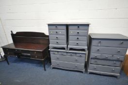 A GREY PAINTED STAG MINSTREL RANGE BEDROOM SUITE, comprising a chest of seven drawers, width 82cm