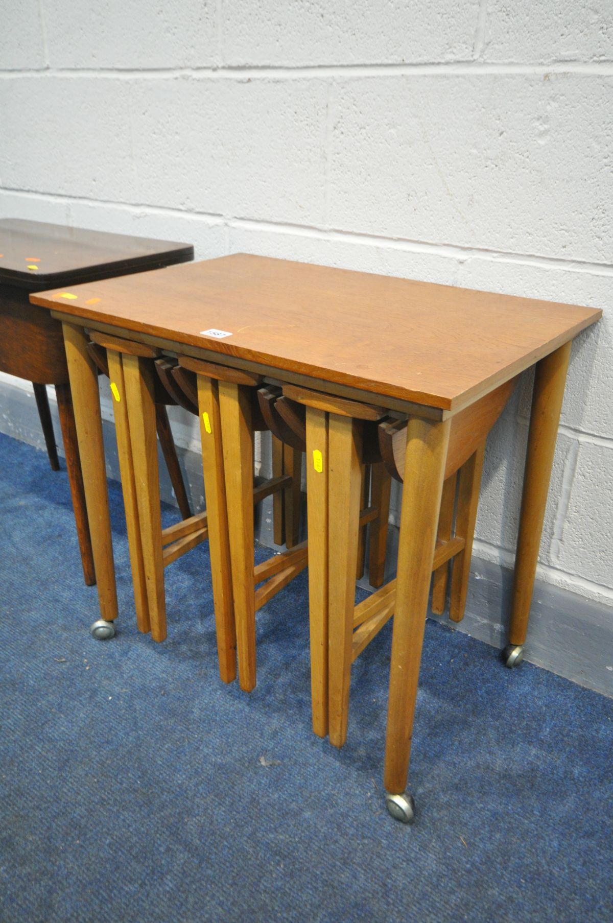 POSSIBLY POUL HUNDEVAD NESTING TABLES, with three fold circular tables, and a 1930's sewing box, - Image 2 of 5