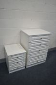 A WHITE TWO PIECE BEDROOM SUITE, comprising a chest of five drawers, width 72cm x depth 53cm x