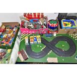 A QUANTITY OF ASSORTED TOYS AND GAMES, SCALEXTRIC, ETC, including a mounted figure of eight race