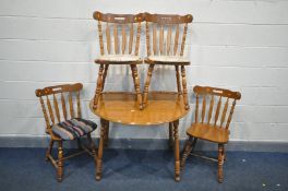 AN OAK DROP LEAF KITCHEN DINING TABLE, and four chairs (5)