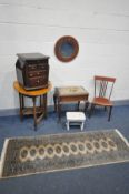 A SMALL OAK OVAL TOP GATE LEG TABLE, a mahogany piano stool, beech spindle back chair, circular
