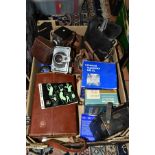 A BOX OF VINTAGE PHOTOGRAPHIC AND CINE EQUIPMENT ETC, to include a R F Gilbert Hunter roll film