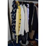 A BOX AND LOOSE LADIES' CLOTHING AND ACCESSORIES, approximately forty items to include suits,