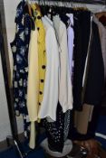 A BOX AND LOOSE LADIES' CLOTHING AND ACCESSORIES, approximately forty items to include suits,