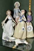 THREE NAO FGURES OF GIRLS AND A TENGRA SPANISH PORCELAIN FIGURE GROUP, comprising two Nao figures of