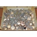 A BOX OF CUT GLASS AND CRYSTAL STOPPERS, including over sixty decanter and perfume bottle