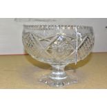 A CUT GLASS PEDESTAL BOWL, diameter 21cm, height 18.5cm, with cut diamond and star pattern beneath a