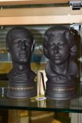 A PAIR OF LIMITED EDITION WEDGWOOD BLACK BASALT BUSTS, commemorating Royal Silver Wedding 1947-1972,