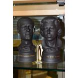 A PAIR OF LIMITED EDITION WEDGWOOD BLACK BASALT BUSTS, commemorating Royal Silver Wedding 1947-1972,