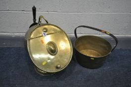 A VINTAGE BRASS COAL SCUTTLE, with shovel, and a brass jam pan (2)