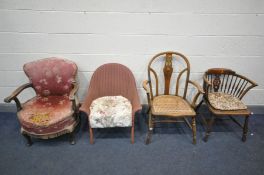 A 20TH CENTURY ELM AND BEECH WINDSOR ARMCHAIR with a bergère sear, a hoop back elbow chair with a
