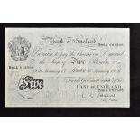 A BANK OF ENGLAND L K O'BRIEN WHITE FIVE POUNDS B86A January 7th 1956 (Nice Clean Note)